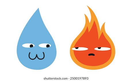 Personajes lindos, gota de agua y fuego con cara y emociones. Ilustración vectorial moderna de moda aislada en el fondo blanco, dibujado a mano, diseño plano