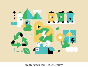 Cute characters and environmental protection. Simple and trendy illustrations. Separate recycling. eco-friendly