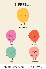 cute characters expressing different emotions of happy and text