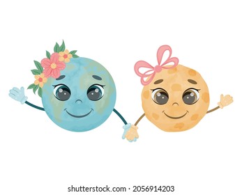 Cute characters. Fairy tale earth and moon are hold hands and smile. A child picture. Vector illustration. Cartoon style. Isolated on white.