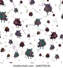 Cute characters, fantasy owls, toons, seamless pattern