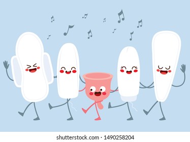 Cute characters female hygiene menstruation dancing and singing together