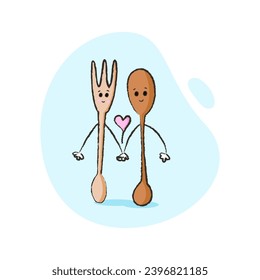 Cute characters of fork and spoon who holding hands for Valentine's day and more. Best for postcard, stickers and more designs. Vector flat style illustration.