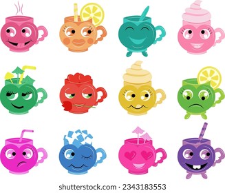 Cute characters in the form of cups. Set of colorful funny cups. Emoji vector character set. Collection of cartoon tableware. Vector illustration. EPS 10.