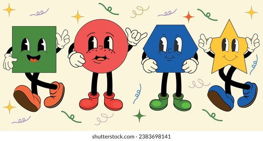 Caracteres personalizados en forma de formas geométricas. Personajes de caricatura en un estilo infantil ingenuo, con caras lindas y emociones. Triángulo, cuadrado, círculo, estrella. Ilustración vectorial aislada.