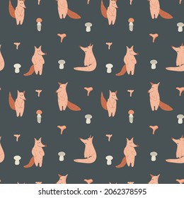 Cute characters foxes and mushrooms collect seamless pattern. Gentle baby vector illustration for kids rooms and nurseries. Scandinavian print on a gray background.