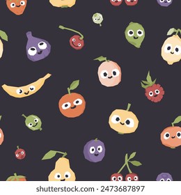 Cute characters fruits and berries seamless vector pattern on dark background. Vector illustration for printing children's textiles, fabrics and paper.