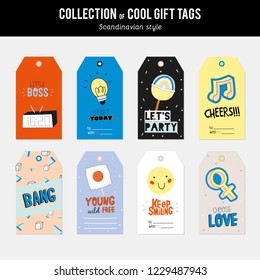 Cute characters for gift tags, labels and stickers - creative set including trendy quotes and cool stylized elements. Cartoon style illustration in vector.