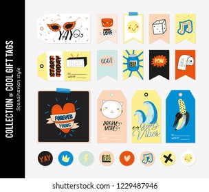 Cute characters for gift tags, labels and stickers - creative set including trendy quotes and cool stylized elements. Cartoon style illustration in vector.