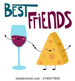 Cute Characters - Glass Of Wine And Cheese With Text: 