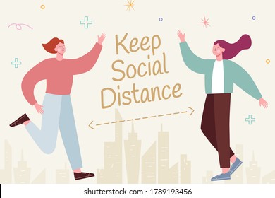 Cute characters greeting each other and keeping social distancing to prevent COVID-19, illustration in flat design