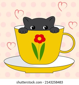 Cute characters grey cat in a coffee cup. Cartoon character in doodle style. Vector illustration