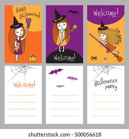 Cute characters Halloween. Print templates set. Little witch on colorful greeting cards for holidays, invitations, parties.