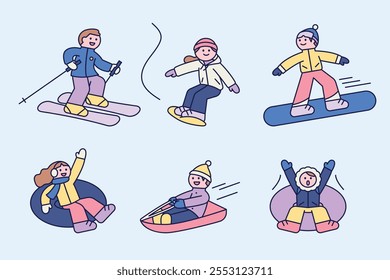 Los personajes lindos se divierten en trineos, esquí, snowboard y tubing. Personaje de corte con contorno.