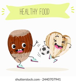 Cute characters hazelnuts with different activities. Flat vector illustration, funny nuts, funny beans. Smiling mascot for kids menu decoration.