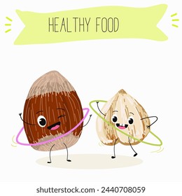 Cute characters hazelnuts with different activities. Flat vector illustration, funny nuts, funny beans. Smiling mascot for kids menu decoration.