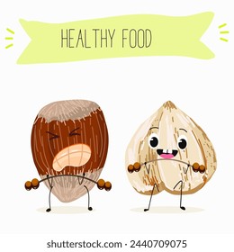 Cute characters hazelnuts with different activities. Flat vector illustration, funny nuts, funny beans. Smiling mascot for kids menu decoration.