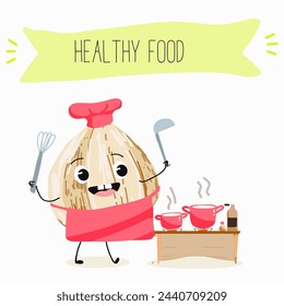 Cute characters hazelnuts with different activities. Flat vector illustration, funny nuts, funny beans. Smiling mascot for kids menu decoration.