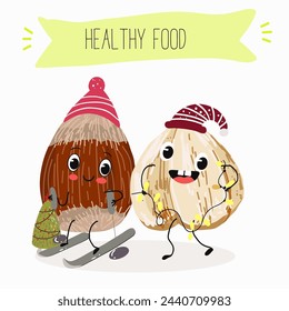 Cute characters hazelnuts with different activities. Flat vector illustration, funny nuts, funny beans. Smiling mascot for kids menu decoration.