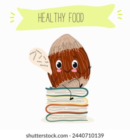Cute characters hazelnuts with different activities. Flat vector illustration, funny nuts, funny beans. Smiling mascot for kids menu decoration.
