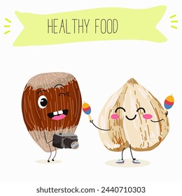 Cute characters hazelnuts with different activities. Flat vector illustration, funny nuts, funny beans. Smiling mascot for kids menu decoration.