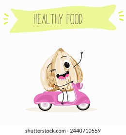 Cute characters hazelnuts with different activities. Flat vector illustration, funny nuts, funny beans. Smiling mascot for kids menu decoration.