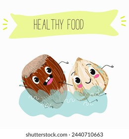 Cute characters hazelnuts with different activities. Flat vector illustration, funny nuts, funny beans. Smiling mascot for kids menu decoration.
