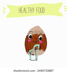 Cute characters hazelnuts with different activities. Flat vector illustration, funny nuts, funny beans. Smiling mascot for kids menu decoration.