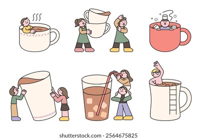 Cute characters healing while drinking coffee from a giant coffee cup. A funny concept. Cuttiny character with outline.