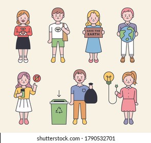 Cute characters are holding items that protect the environment. flat design style minimal vector illustration.