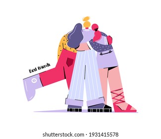Cute characters are hugging. Friendship and support sign. Vector illustration on white background - female friendship, best friends. Young people having good time together. Happy friendship day. 