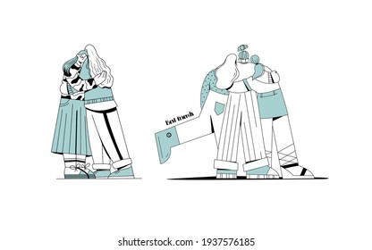 Cute characters are hugging. Friendship and support sign. Vector illustration on white background - female friendship, best friends. Young people having good time together. Happy friendship day.