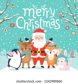 Cute characters hugging - Santa Claus, fox, reindeer, penguin and rabbit. Merry Christmas card. Vector illustration.