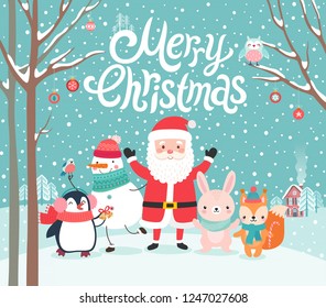 Cute characters hugging - Santa Claus, squirrel, rabbit, penguin and snowman. Merry Christmas card. Vector illustration.