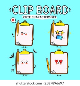 Cute characters illustrated on clipboards with fun expressions and activities on a vibrant blue background