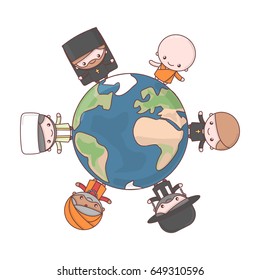 Cute characters. Judaism Rabbi. Buddhism Monk. Hinduism Brahman. Catholicism Priest. Christianity Holy father. Islam Muslim. Friendship and peace for different faiths all over the world. Cartoon