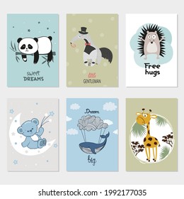 Cute characters for kids. Posters with panda, teddy bear, hedgehog and giraffe. Set of prints for baby room. 