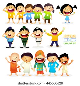 Personajes burdos como niños que usan camisetas que dicen la palabra India, diferentes personas religiosas que muestran "Unidad en la diversidad de India" y saludan a los oficiales de las fuerzas armadas, celebración del Día de la Independencia de la India.