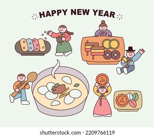 Cute characters in Korean traditional costumes are eating huge traditional Korean food. flat design style vector illustration.