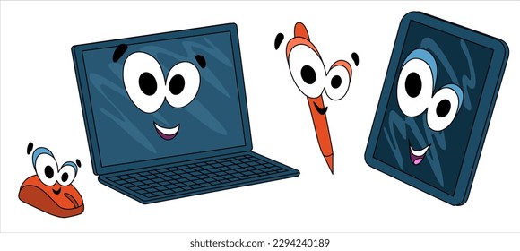 Cute characters laptop, tablet, pencil, stylus, computer mouse. Computer technology