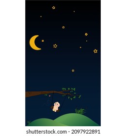 Cute characters look up at the space sky