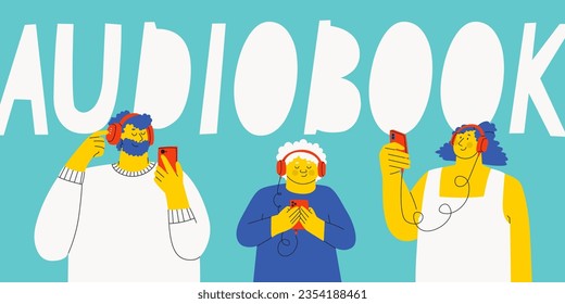 Cute characters man, woman and teenager are listening to an audiobook in headphones. Vector horizontal banner.