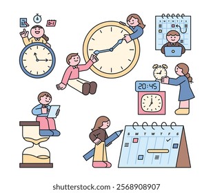 Cute characters manage their time and schedules with clocks and calendars. outline character vector illustration.