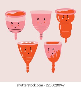 Cute caracteres menstruación tazas con cara. Productos de caricatura de higiene íntima femenina. Ilustración kawaii de vector dibujado a mano