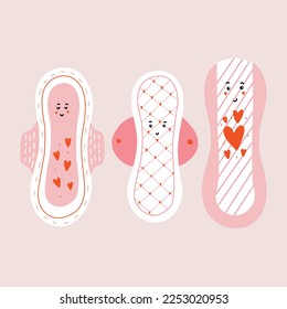 Cute caracteres de la almohadilla de menstruación con la cara. Productos de caricatura de higiene íntima femenina. Ilustración kawaii de vector dibujado a mano