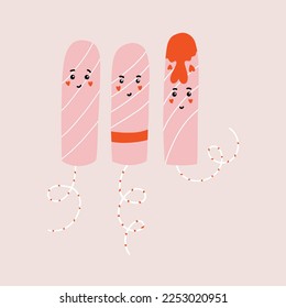 Cute characters menstruation tampon with face. Feminine intimate hygiene cartoon products. Hand drawn vector kawaii illustration