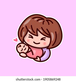 CUTE CHARACTERS MOM CARRYING HER BABY WITH HAPPY SMILING FACE. VALENTINE'S DAY ILLUSTRATION.