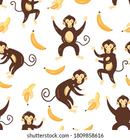 cute characters monkey food vector seamless pattern on white background. Concept for wallpapers, wrapping paper cards 