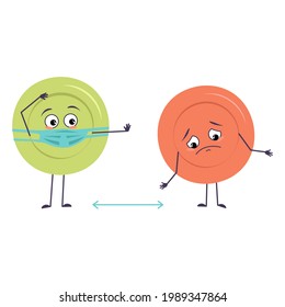 Caracteres de corte multicolores personajes con emociones, cara y máscara mantienen distancia, brazos y piernas. Los platos graciosos o tristes con los que se puede comer en una cafetería o en una cocina. Ilustración plana del vector