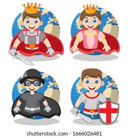 Cute characters on the background of the globe. Isolated on white background. Vector illustration.